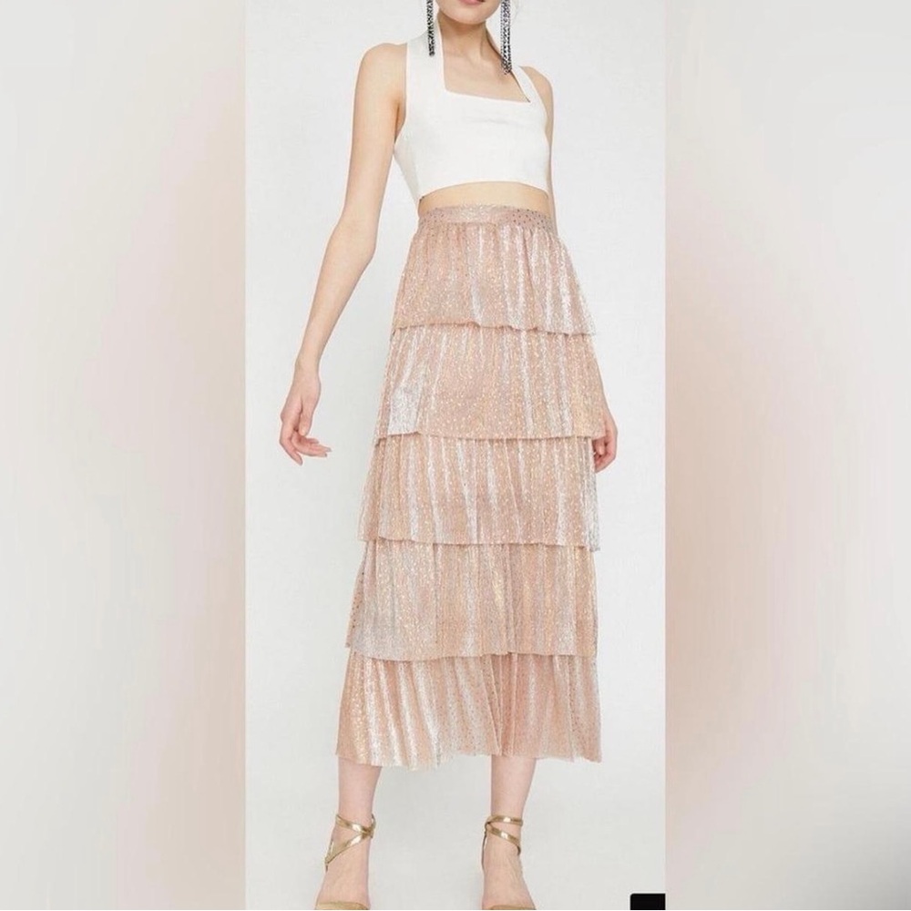 NWT A loves A chiffon Shimmer Rose Gold Tiered Maxi Skirt. Sz XL